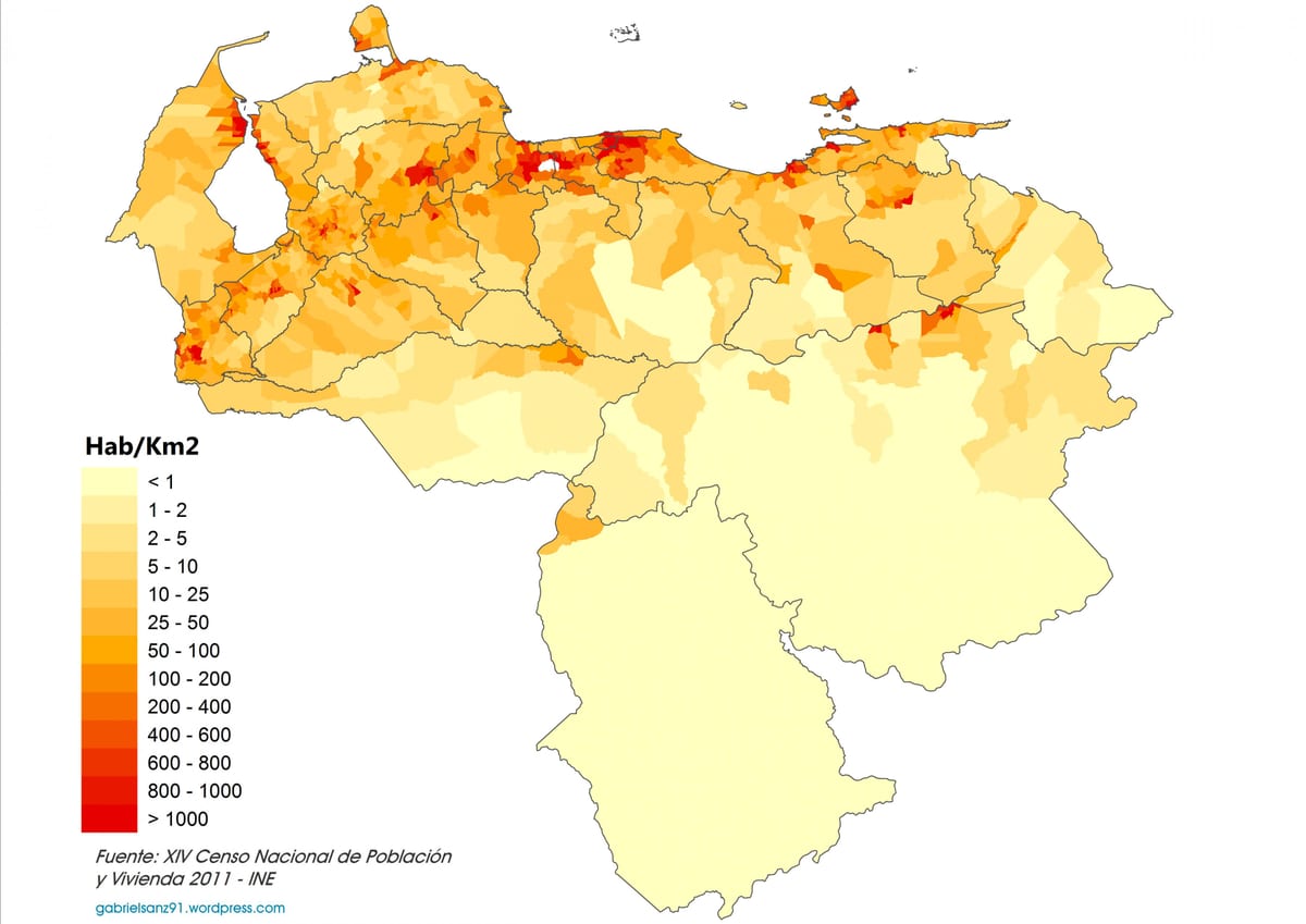 venezuela hustota obyvateľstva mapu